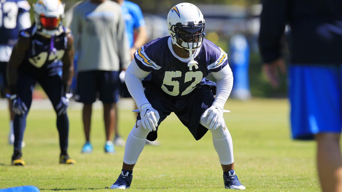 Chargers linebacker Denzel Perryman assumes a defensive crouch during a practice in San Diego on May 23.