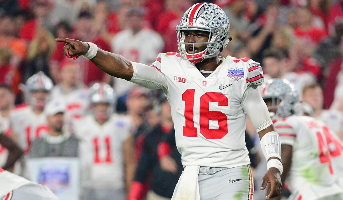 Ohio State quarterback J.T. Barrett gestures during the 2016 PlayStation Fiesta Bowl against Clemson on Dec. 31, 2016 in Glendale, Ariz.