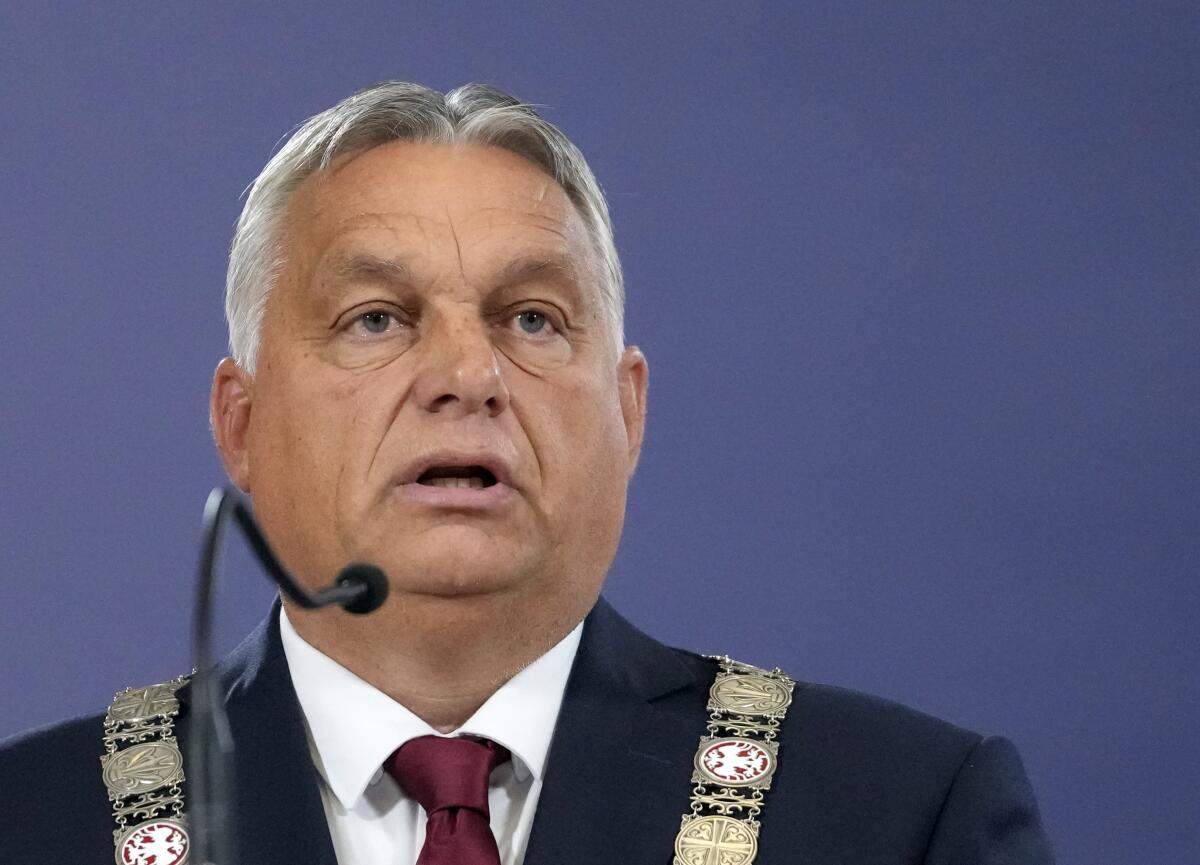 Hungary's Prime Minister Viktor Orban speaks during a news conference.