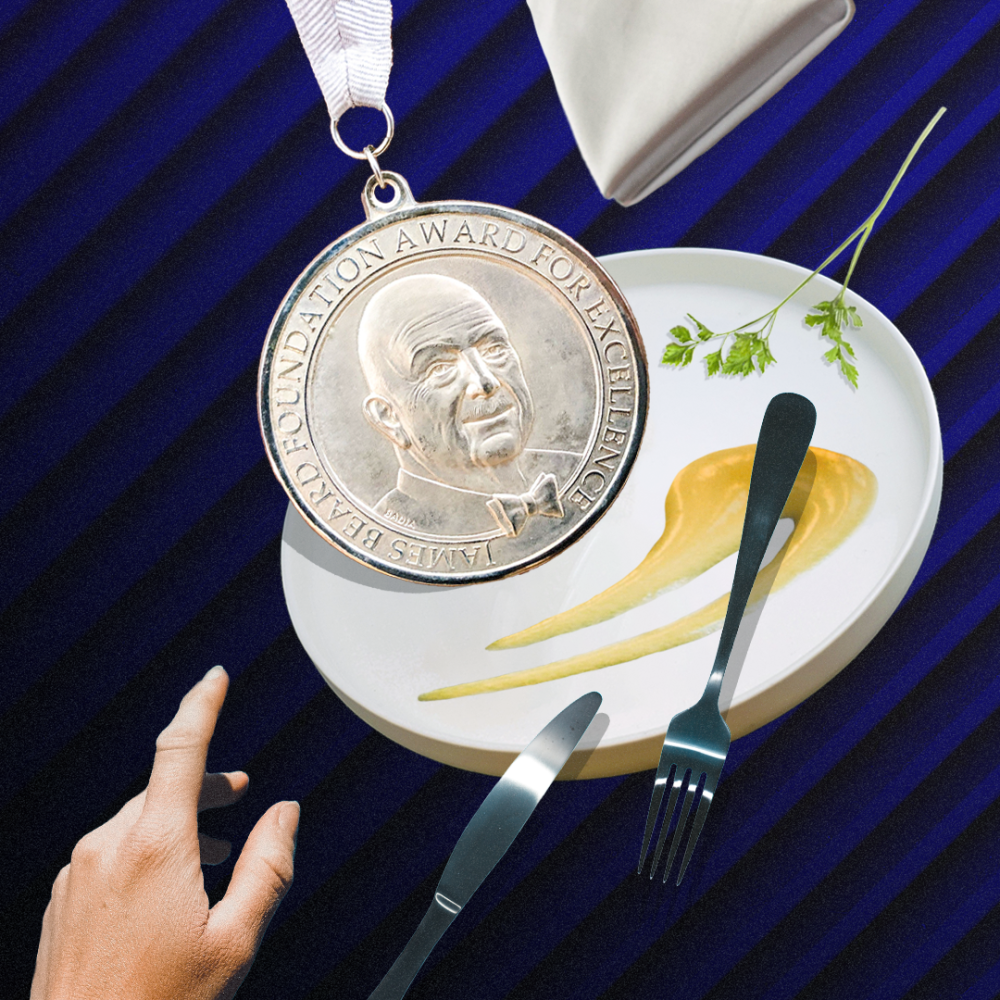 Photo of James Beard Award medal and a plate 