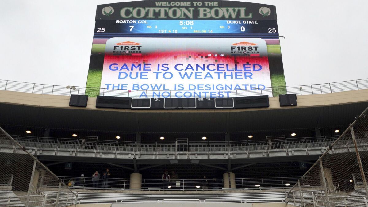 The First Responder Bowl between Boston College and Boise State was canceled due to a severe-weather threat.