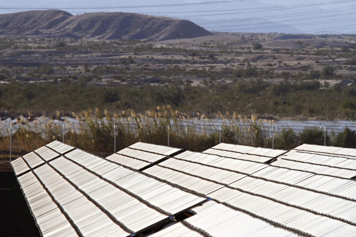 Rows of solar panels stand on desert farmland in the Imperial Valley west of El Centro, Calif.