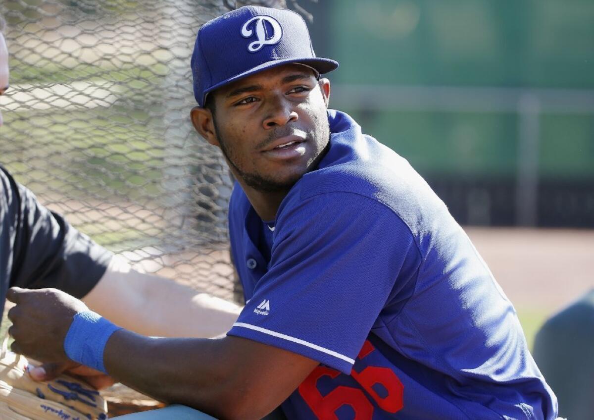 Dodgers outfielder Yasiel Puig is seen at the team's spring training facility at Camelback Ranch in Phoenix on Feb. 26.