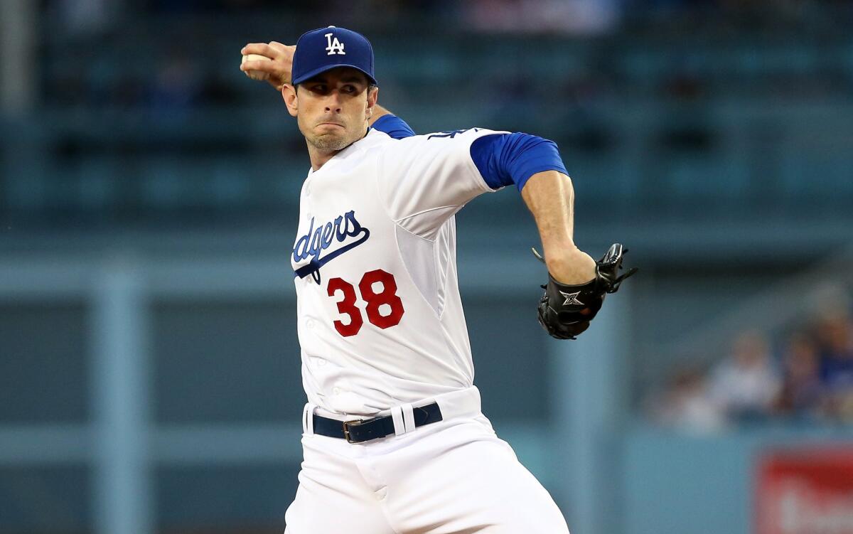 Dodgers right-hander Brandon McCarthy throws a pitch against the San Diego Padres during his debut with the team on Wednesday at Dodger Stadium.