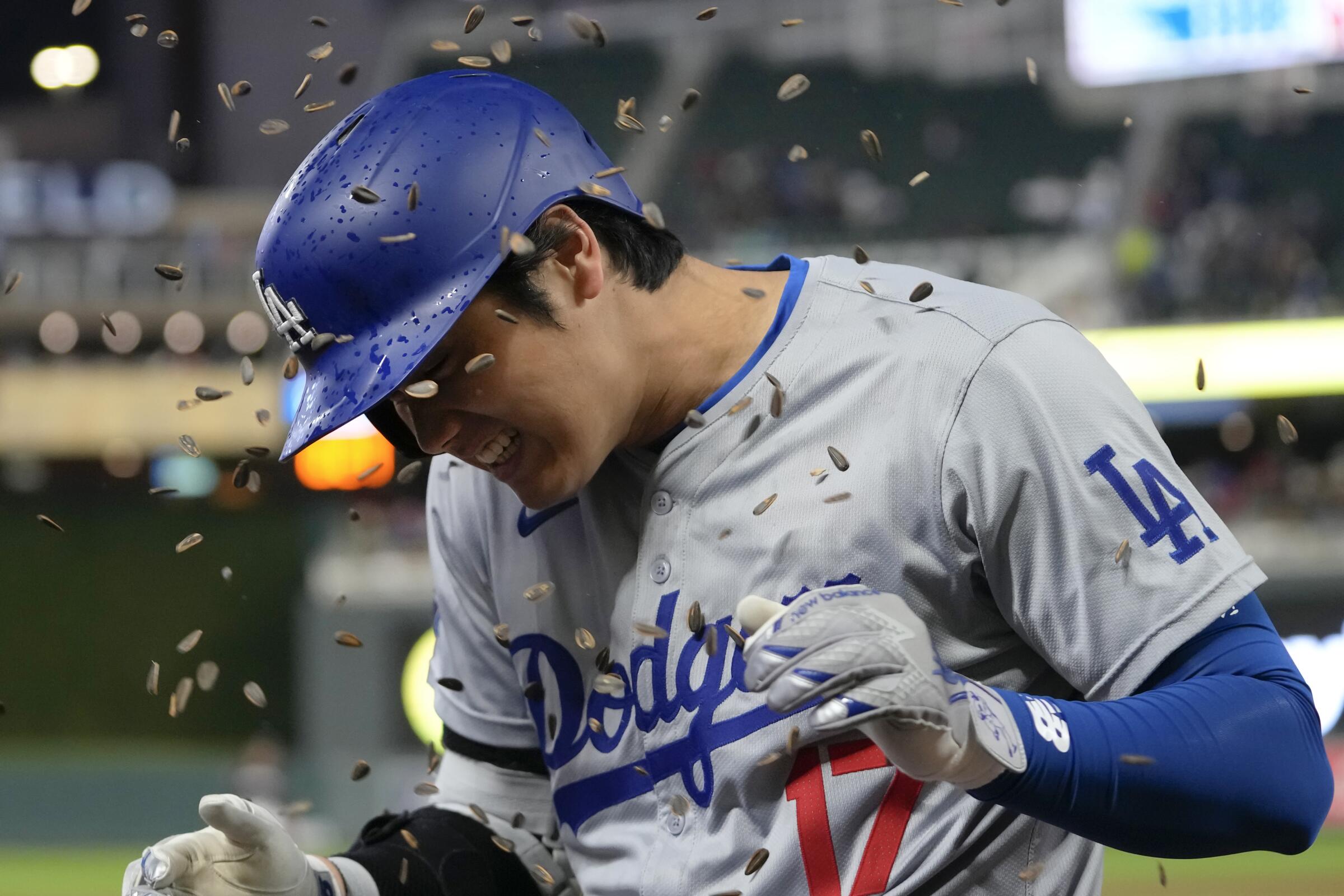 Dodgers star Shohei Ohtani is showered with sunflower seeds after hitting a solo home run against the Minnesota Twins.