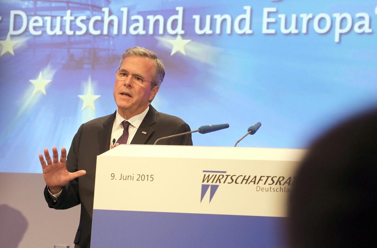 Potential Republican presidential candidate Jeb Bush delivers a speech in Berlin on June 9.