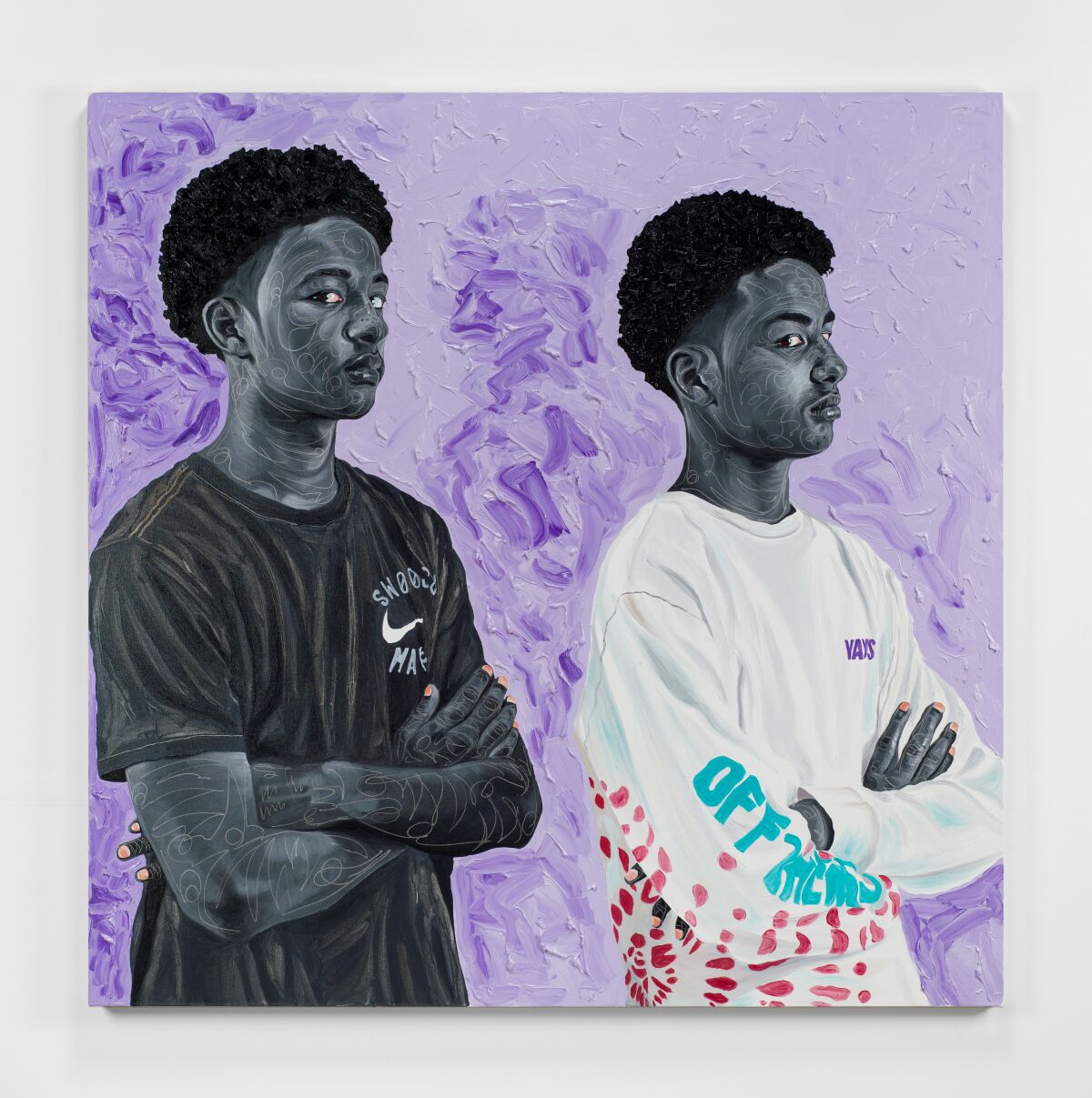 A canvas with a textured lavender background shows two young Black men with their arms crossed