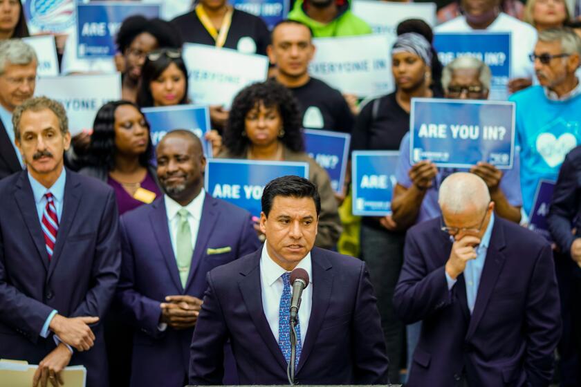 LOS ANGELES, CA. - APRIL 11: Los Angeles City Council member Jose Huizar, speakings a press conference with housing advocates in advance of the City Council's final vote on the Permanent Supportive Housing Ordinance and the Motel Conversion Ordinance at Los Angeles City Hall on Wednesday, April 11, 2018 in Los Angeles, CA. (Kent Nishimura / Los Angeles Times)
