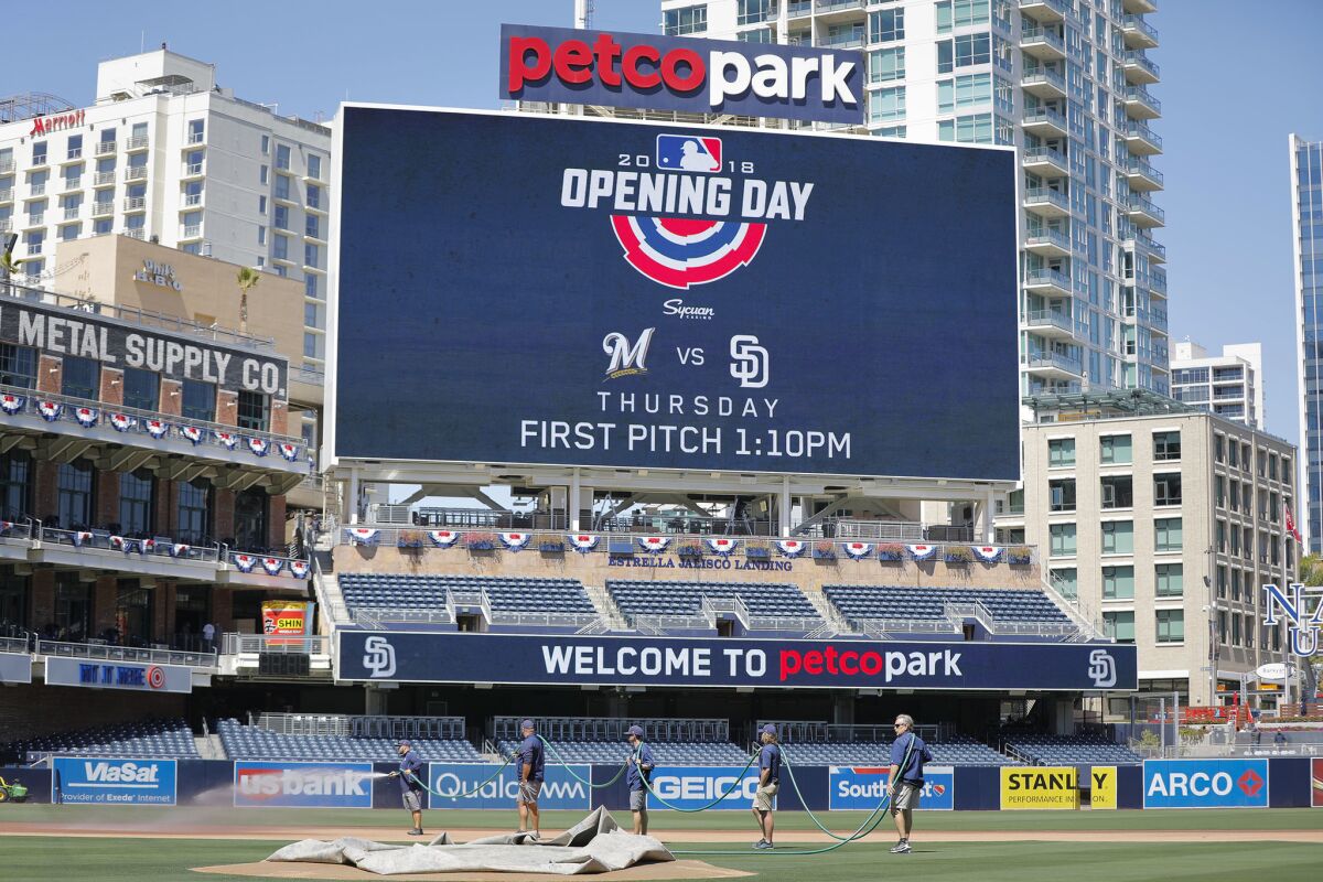 The field at Petco Park is being readied for the opening of the 2018 season.