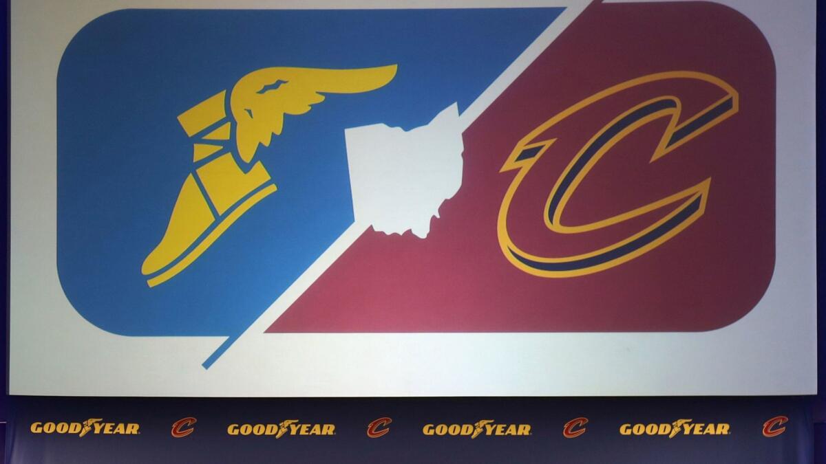 A sign that showed the logos of the Cleveland Cavaliers and Goodyear, along with the outline of the state of Ohio, was displayed at Quicken Loans Arena on Monday.