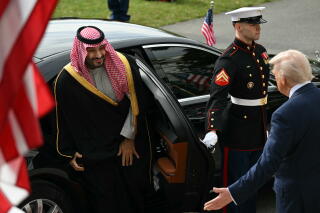 President Trump greets Crown Prince Mohammed bin Salman, the de facto ruler of Saudi Arabia, at the White House.