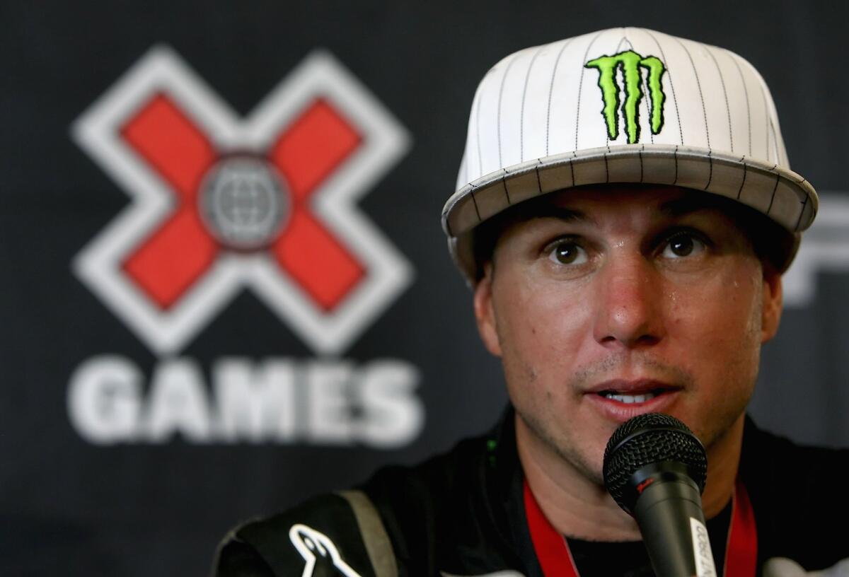 Dave Mirra speaks after winning a bronze medal in the Rally Car race during the summer X Games 14 at Home Depot Center in 2008.