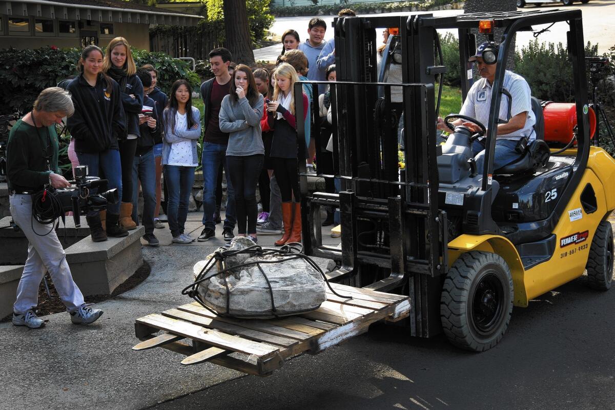 Students watch as a fossilized sperm whale skull is transported from the Chadwick School campus where it was discovered. The fossil was taken to the Museum of Natural History for further study.