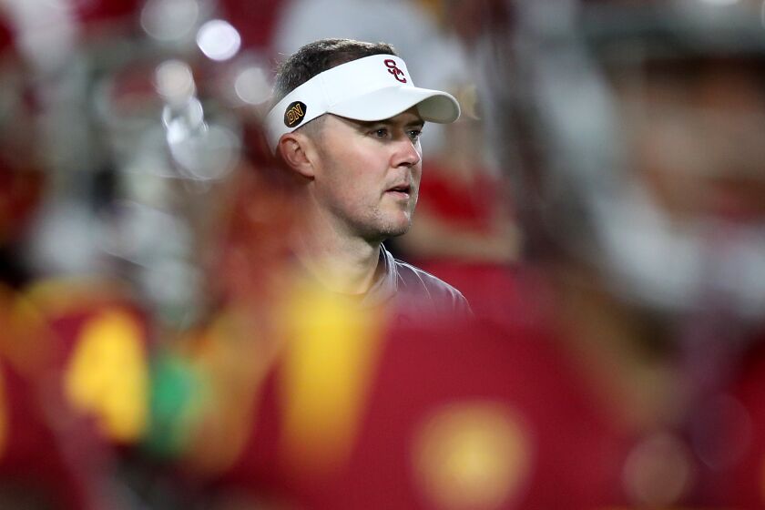 LOS ANGELES, CALIF. - SEP. 17, 2022. USC head coach Lincoln Riley directs pre-game warmups.