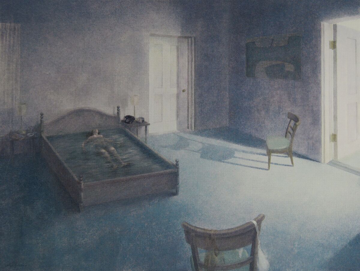 A surreal painting of a woman floating on a bed filled with water
