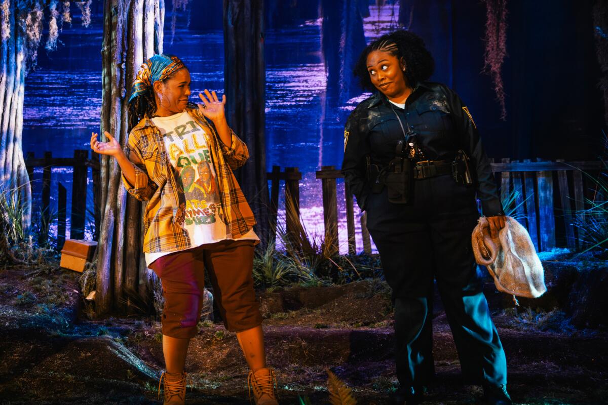 Angela Lewis, left, and Amber Chardae Robinson in "Black Cypress Bayou" at Geffen Playhouse.