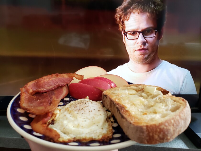 Bacon and eggs and Seth Rogen in “This is the End”