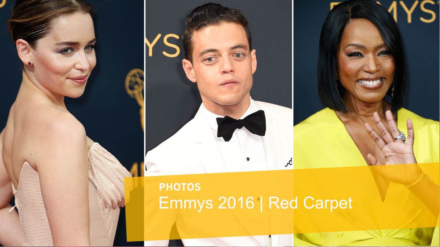 Emilia Clarke, Rami Malek and Angela Bassett arriving at the 68th Primetime Emmy Awards at the Microsoft Theater in Los Angeles.