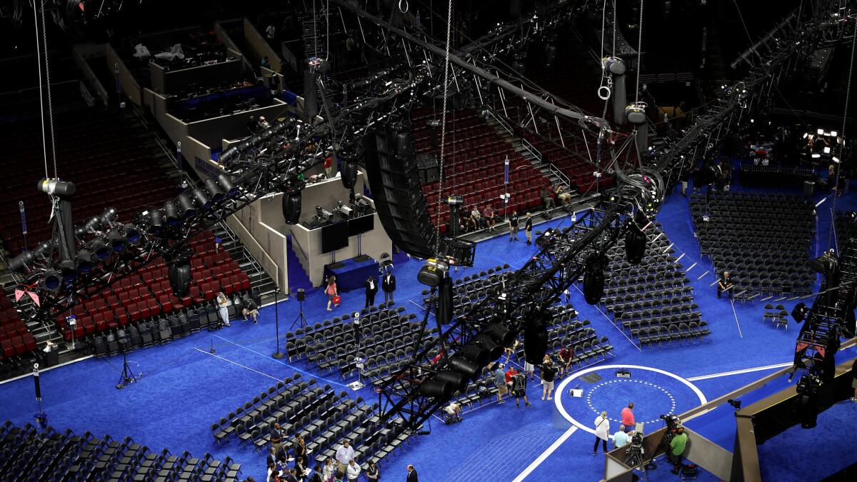 Preparations are underway on the convention floor on Saturday, July 23, before the 2016 Democratic National Convention in Philadelphia.