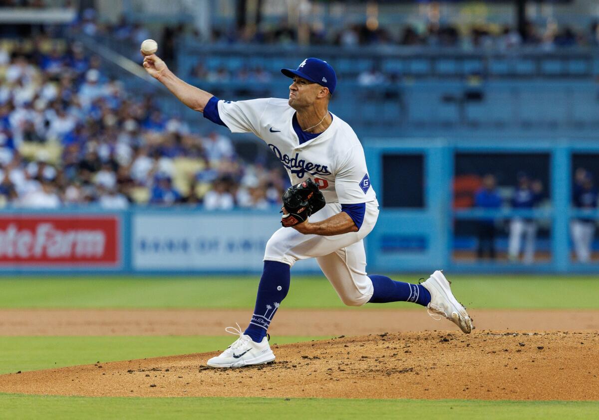 Dodgers pitcher Jack Flaherty delivers the ball from the mound during his Dodger Stadium debut against the Pirates