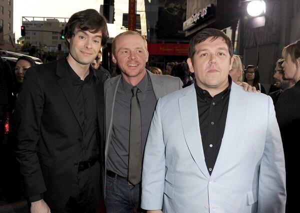 Writer-actors Simon Pegg and Nick Frost, center and right, are shown with "Saturday Night Live's" Bill Hader at the premiere of "Paul" in Hollywood. Pegg and Frost, who routinely write comedies that skewer popular film genres, take on alien movies in their latest comedy. Hader also appears in the film.
