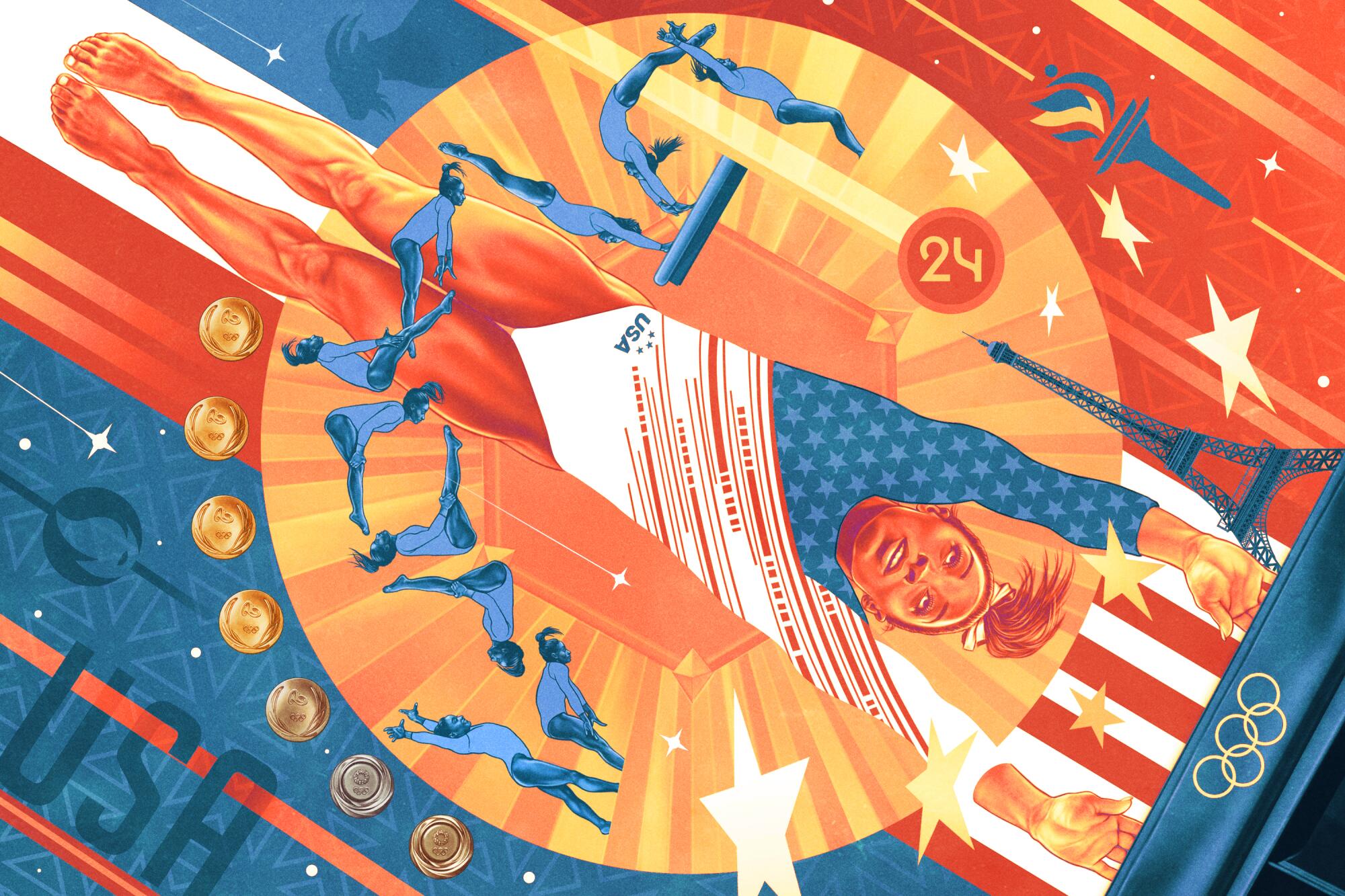 Illustration of gymnast Simone Biles, who will be competing at the 2024 Olympic Summer Games in Paris.