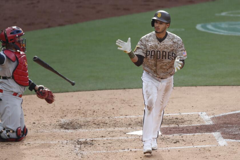 SAN DIEGO, CA - MAY 16: San Diego Padres' Tucupita Marcano walks for an RBI in the 4th inning against the St. Louis Cardinals at Petco Park on Sunday, May 16, 2021 in San Diego, CA. (K.C. Alfred / The San Diego Union-Tribune)