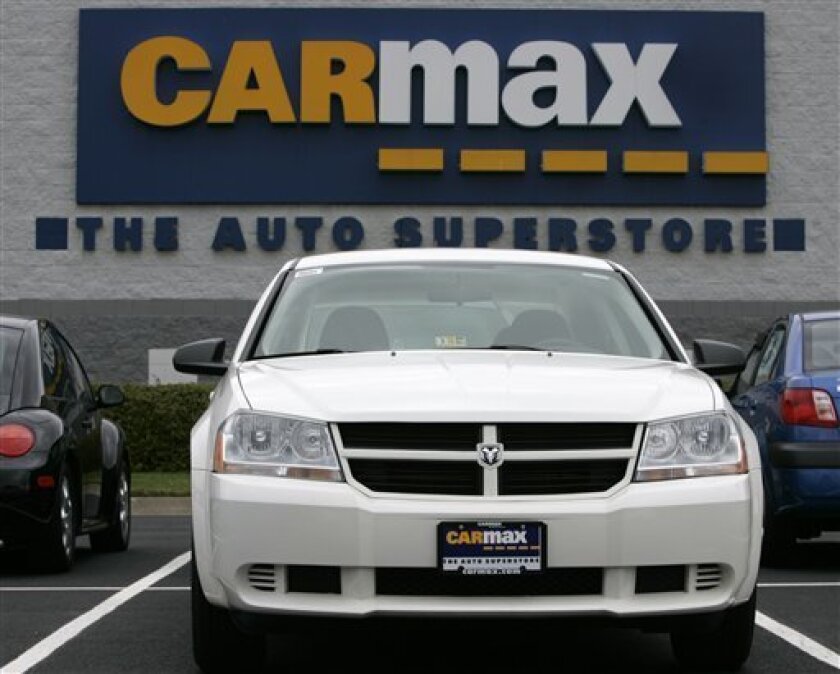 A Dodge car sits on display at the CarMax store in Richmond, Va., Wednesday, April 1, 2009. Auto retailer CarMax Inc. said Thursday its fourth-quarter profit jumped 72 percent as lower expenses and a profit in its financing arm offset the impact of falling sales. (AP Photo/Steve Helber)