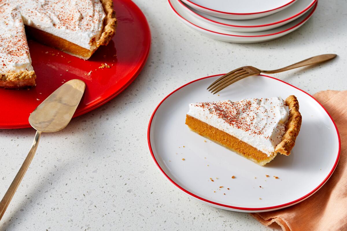 Nashville hot chicken meets classic pumpkin pie for the perfect Thanksgiving dessert thanks to cayenne and a touch of honey in the filling and chicken fat in the crust. Prop styling by Samantha Margherita.