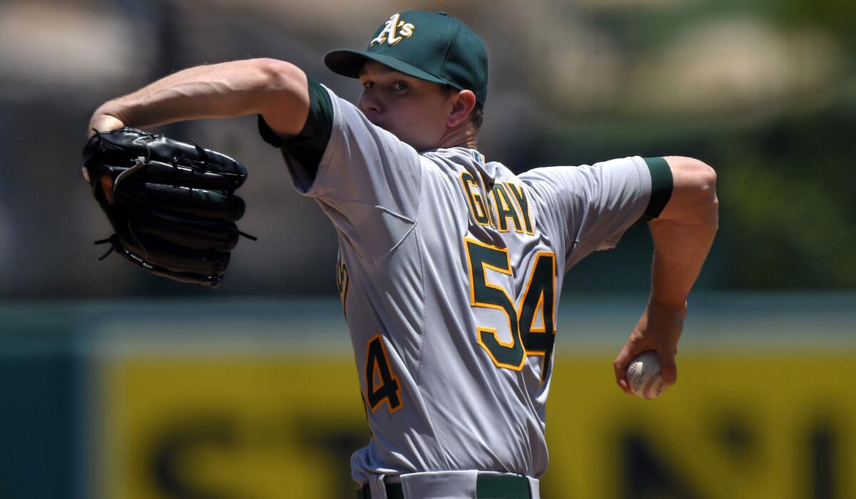 Oakland Athletics starter Sonny Gray pitches during the first inning against the Angels on June 14.