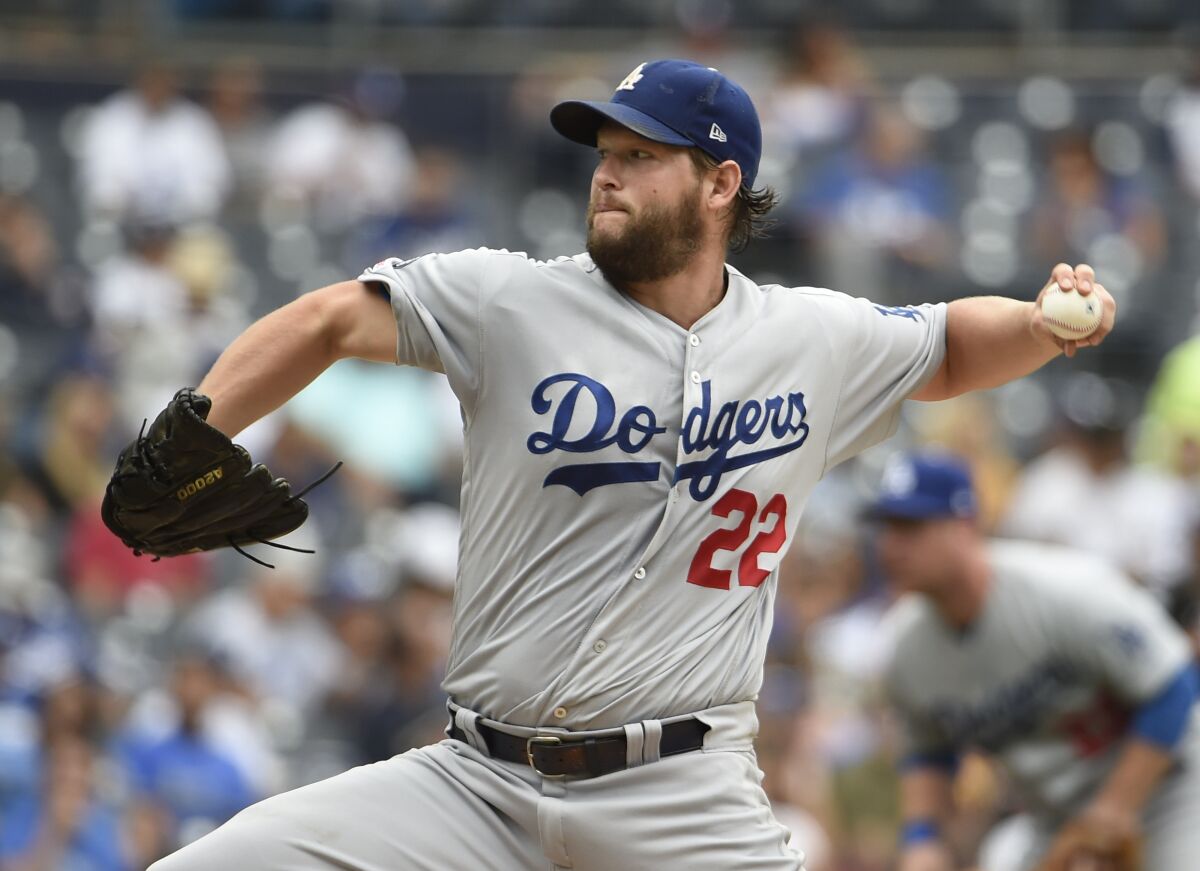 Dodgers pitcher Clayton Kershaw pitches during the the second inning against the San Diego Padres on Thursday in San Diego.