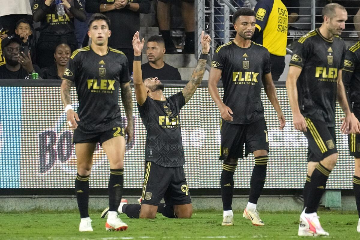 LAFC forward Denis Bouanga celebrates his third goal during the first half against Minnesota United.