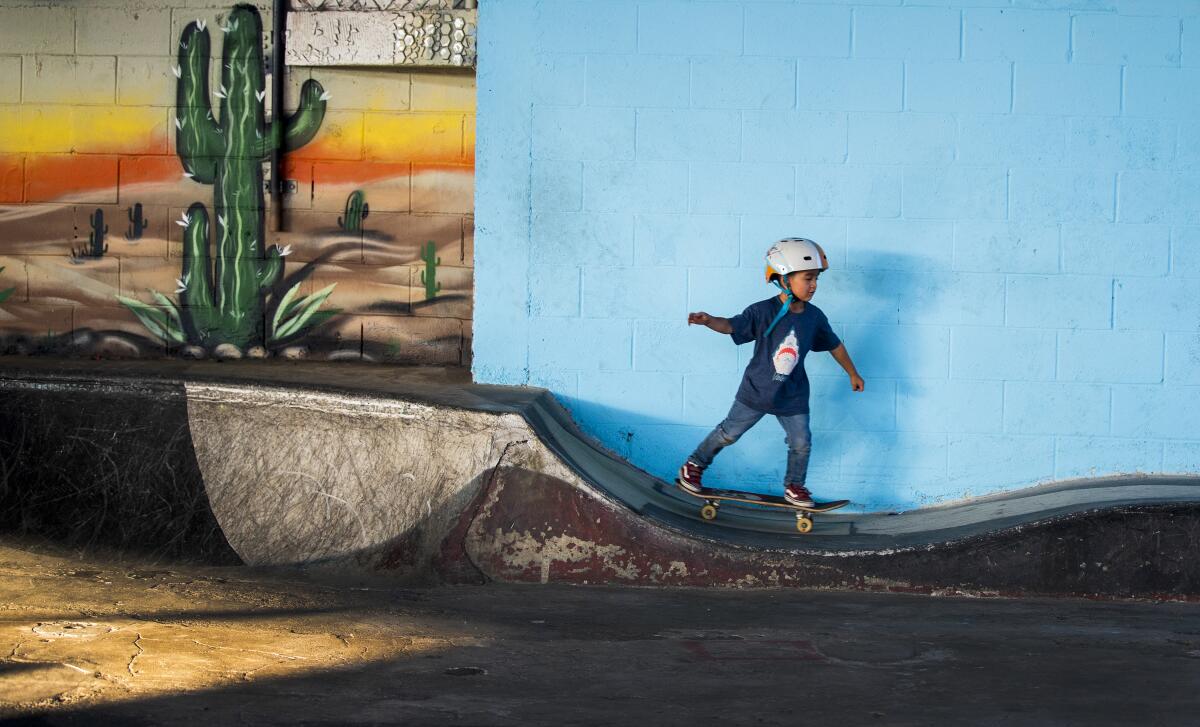Harley Navarro, 4, skates at the Channel Street Skatepark.