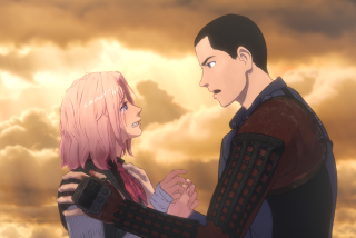 An animation of a girl and a young man in golden light.