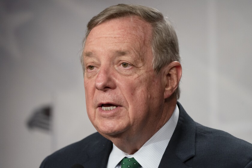 Sen. Dick Durbin, D-Ill., speaks to the media, Tuesday, March 2, 2021, on Capitol Hill in Washington. (AP Photo/Jacquelyn Martin)