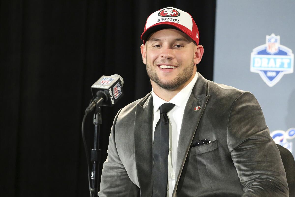 Former Ohio State defensive end Nick Bosa speaks during a news conference after the San Francisco 49ers selected him in the first round of the NFL draft on Thursday.