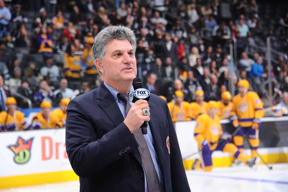 Nick Nickson speaks prior to the game between the Kings and the Arizona Coyotes on Nov, 10, 2015, in Los Angeles, 