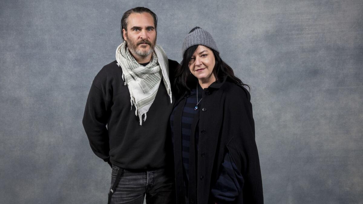 Actor Joaquin Phoenix and director Lynne Ramsay, from the film, "You Were never Really Here," photographed in the L.A. Times Studio during the 2018 Sundance Film Festival.