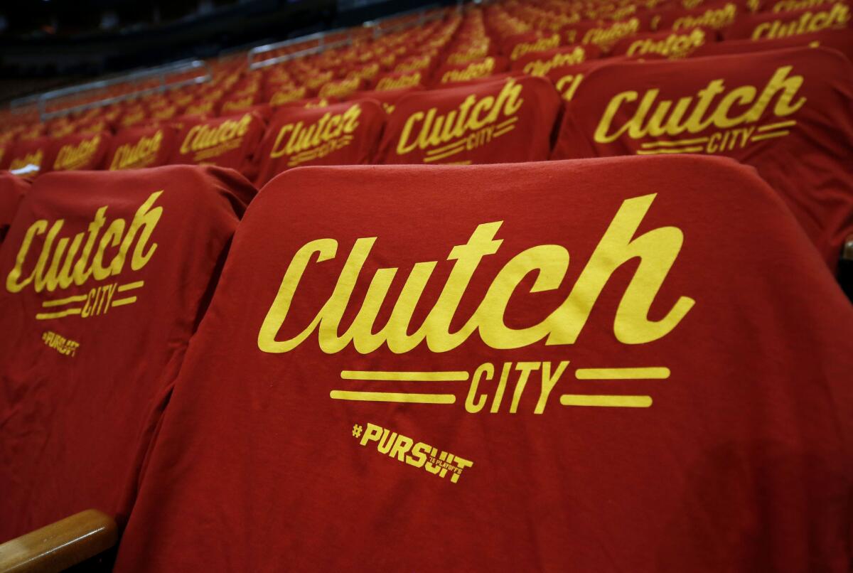 The seats at Houston's Toyota Center are adorned in T-shirts that the fans can wear during Game 7 on Sunday.