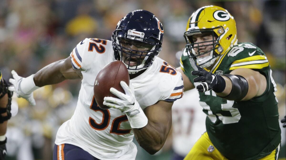 Chicago Bears' Khalil Mack returns a Green Bay Packers' turnover for a touchdown during the first half Sept. 9 at Lambeau Field.