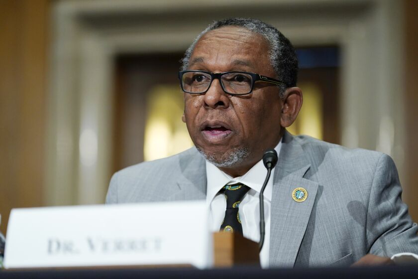 FILE - Xavier University of Louisiana President Reynold Verret testifies during a Senate Health Education, Labor, and Pensions Committee hearing on Capitol Hill in Washington, June 17, 2021. A small, historically Black university known for its success in getting Black graduates into medical school announced, Thursday, April 21, 2022, that it is now planning its own medical school in New Orleans. (AP Photo/Susan Walsh, File)
