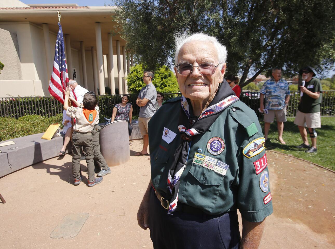 Bob Ludekens, a Scoutmaster during the 1953 Boy Scout Jamboree at what is now Fashion Island in Newport Beach, attends Thursday's 65th-anniversary reunion at Fashion Island.