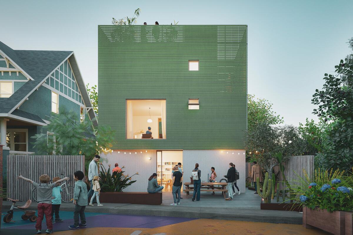 Rendering of Shared Step with a small gathering in the front yard
