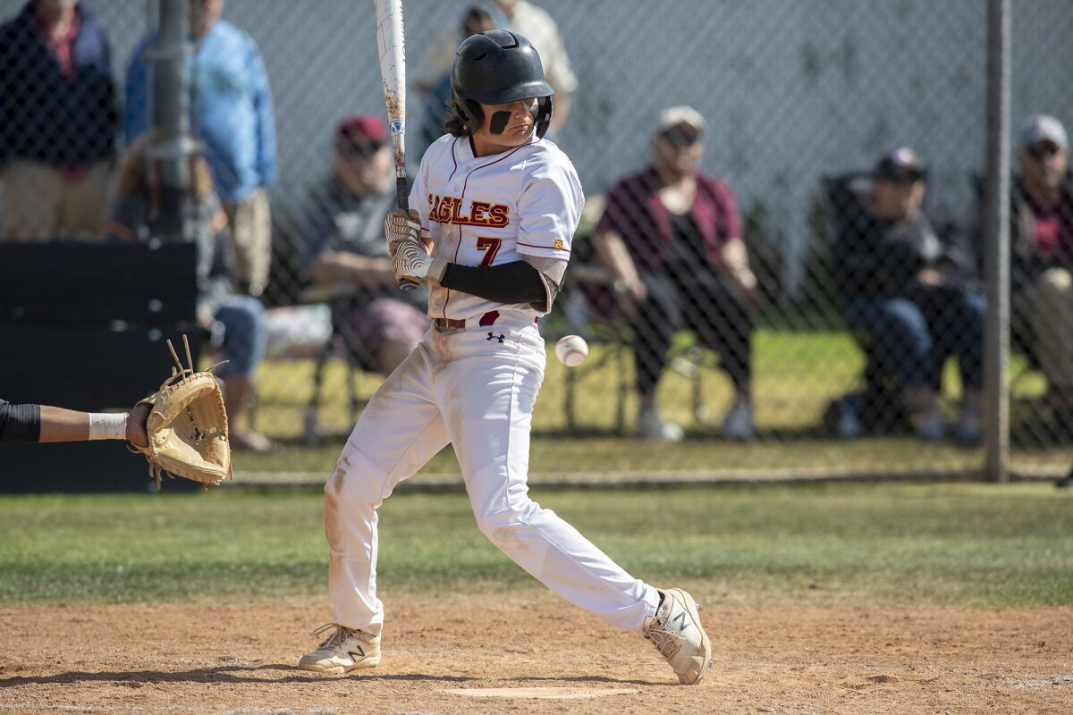Estancia's Miles Moyer gets hit by a pitch and brings in a run in the fourth inning against Fontana A.B. Miller on Tuesday.