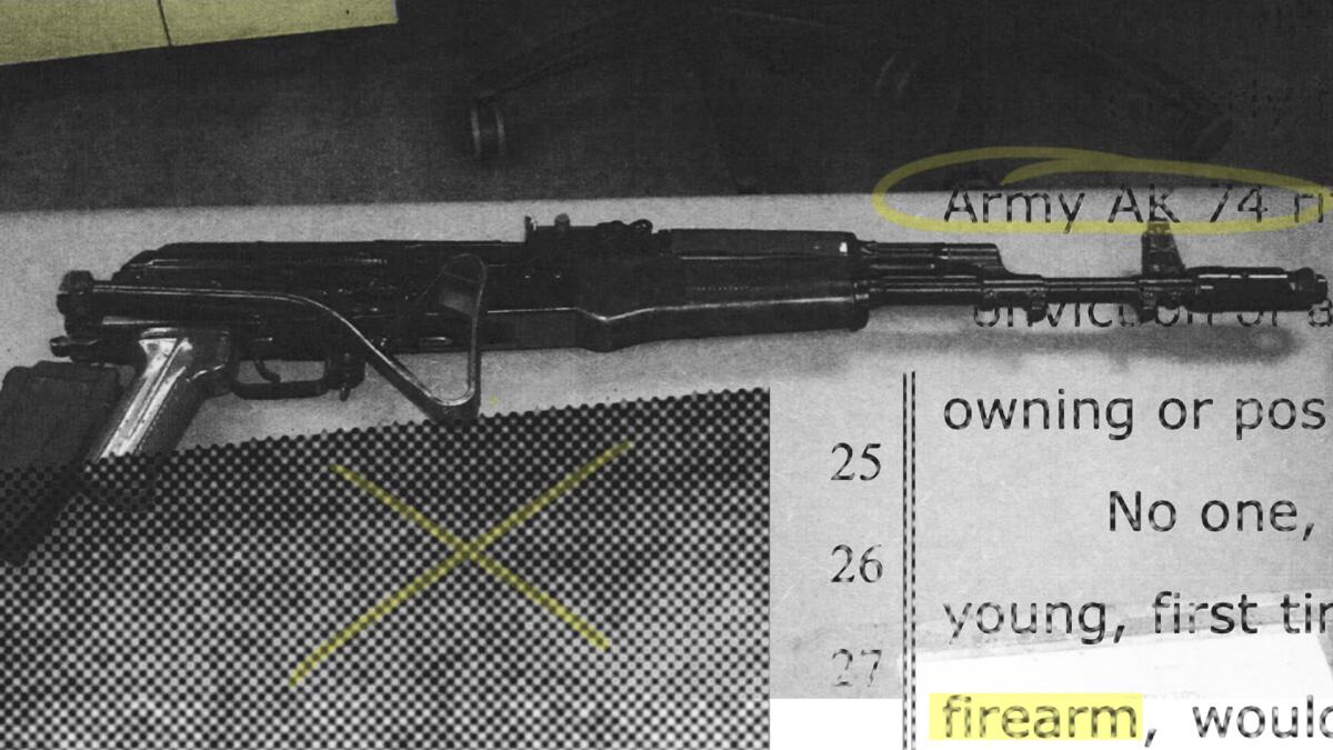 A photo illustration from a Clovis, California, police evidence image of a stolen AK-74 and an associated investigative document. (AP Illustration/Nat Castañeda)