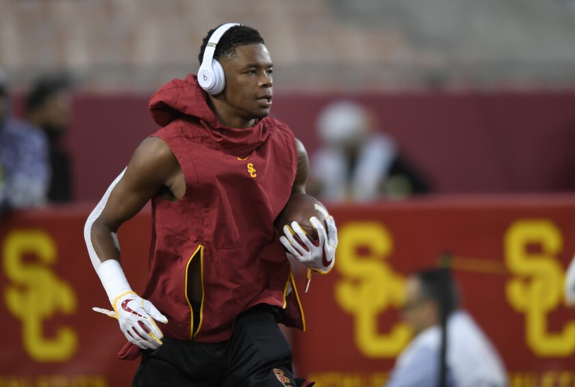 USC cornerback Olaijah Griffin warms up before a game against Colorado at the Coliseum in October 2018.