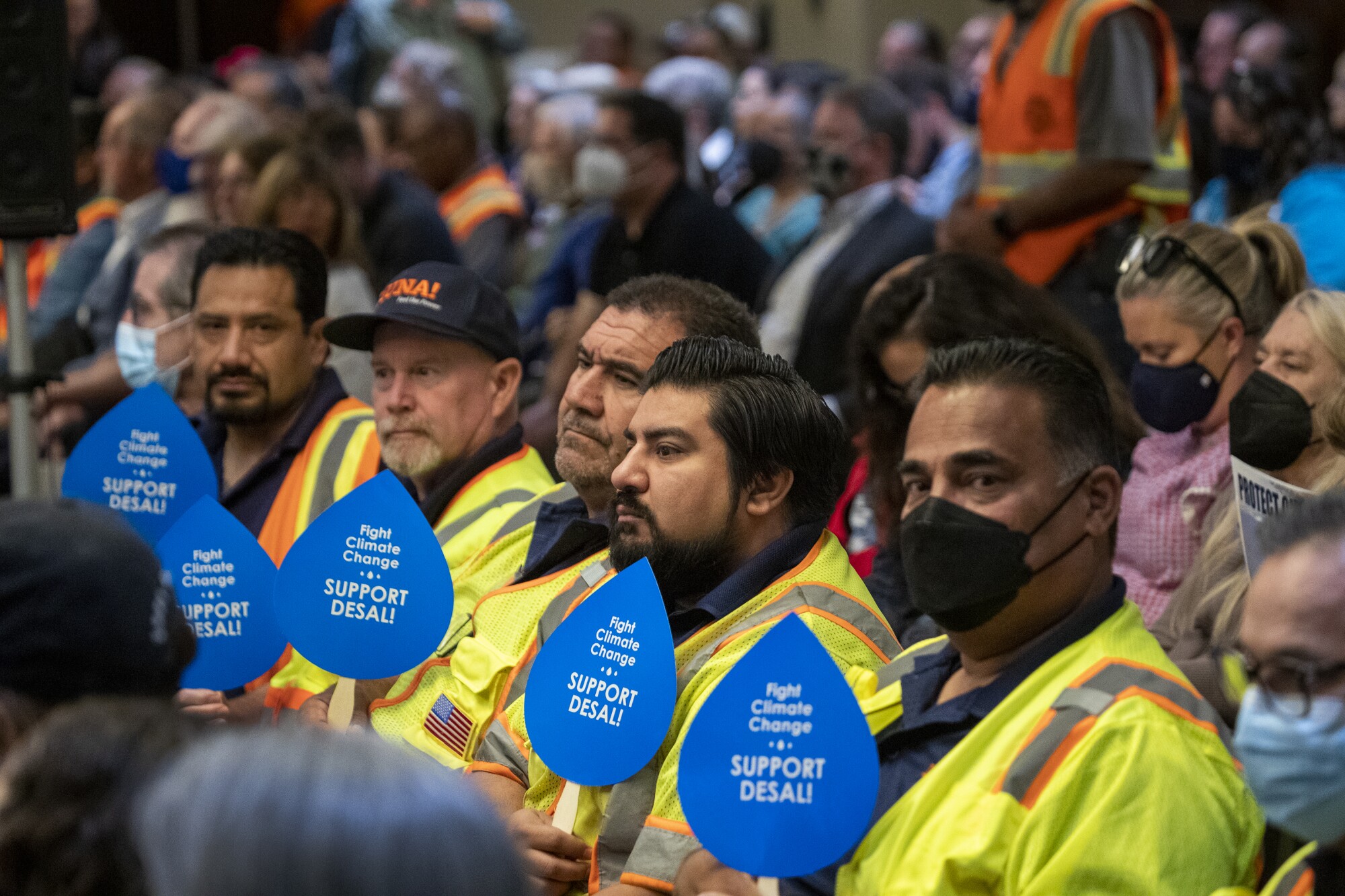 Union workers supporting the Poseidon Water desalination project are showing signs of support 