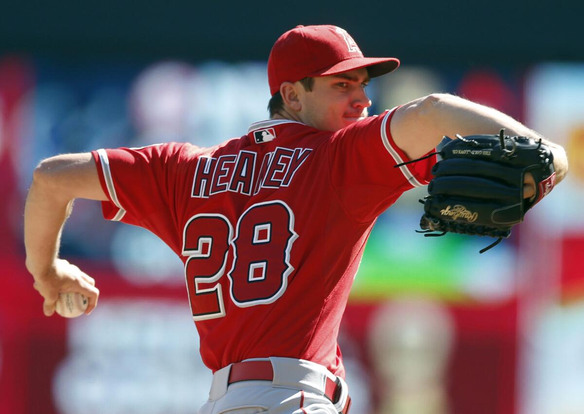 The Angels' Andrew Heaney pitches against the Minnesota Twins in Minneapolis on Sept. 19.