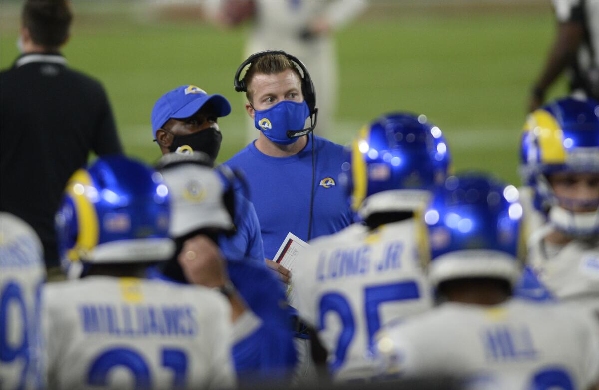 Rams head coach Sean McVay coaches during the first half against the Tampa Bay Buccaneers.