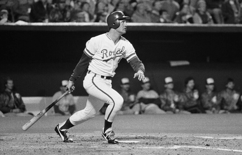 Kansas City Royals batter George Brett watches his second home run of the night.